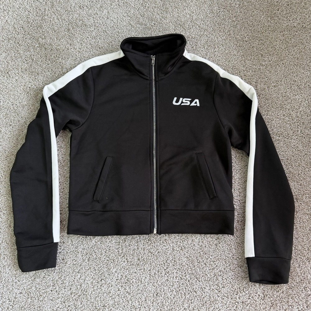Charlotte Russe Track Jacket Womens Small Black USA Stripe Full Zip Athletic